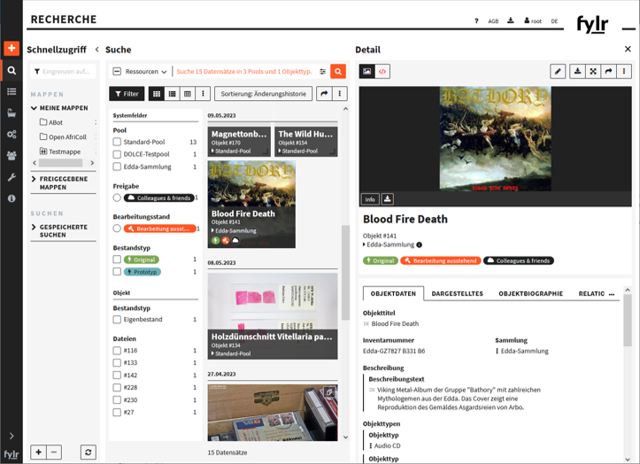 Ein Screenshot aus der Sammlungsdatenbank CODA, zu sehen ist ein Datensatz und die Recherche-Oberfläche.